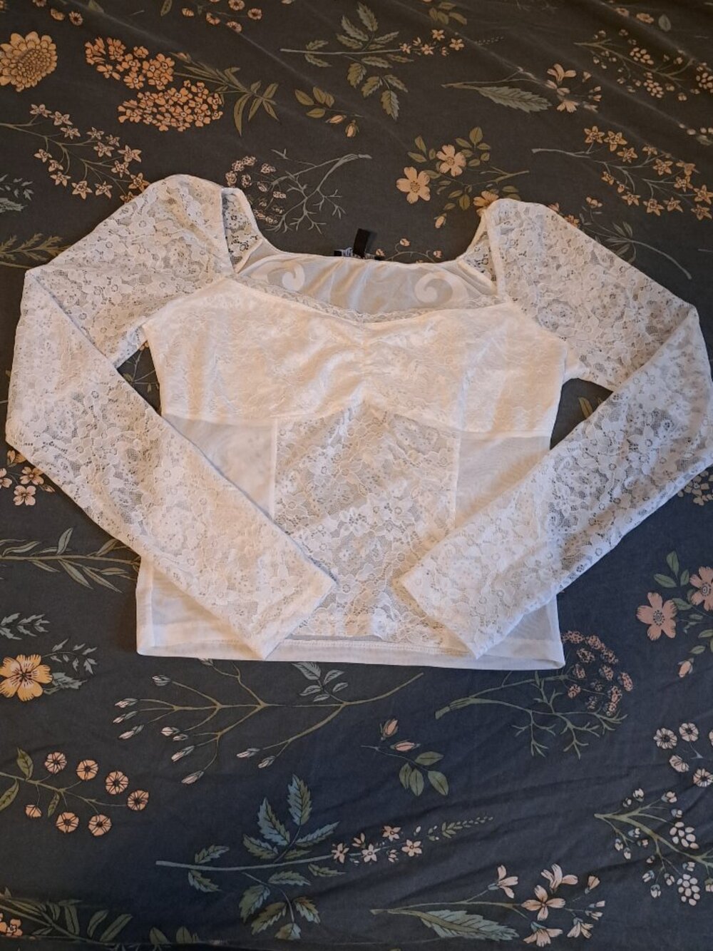 White mesh long sleeve with lace detailing